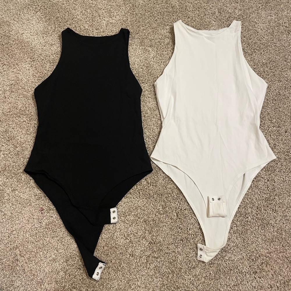 Set of 2 High Neck Tank Bodysuits - Black and White